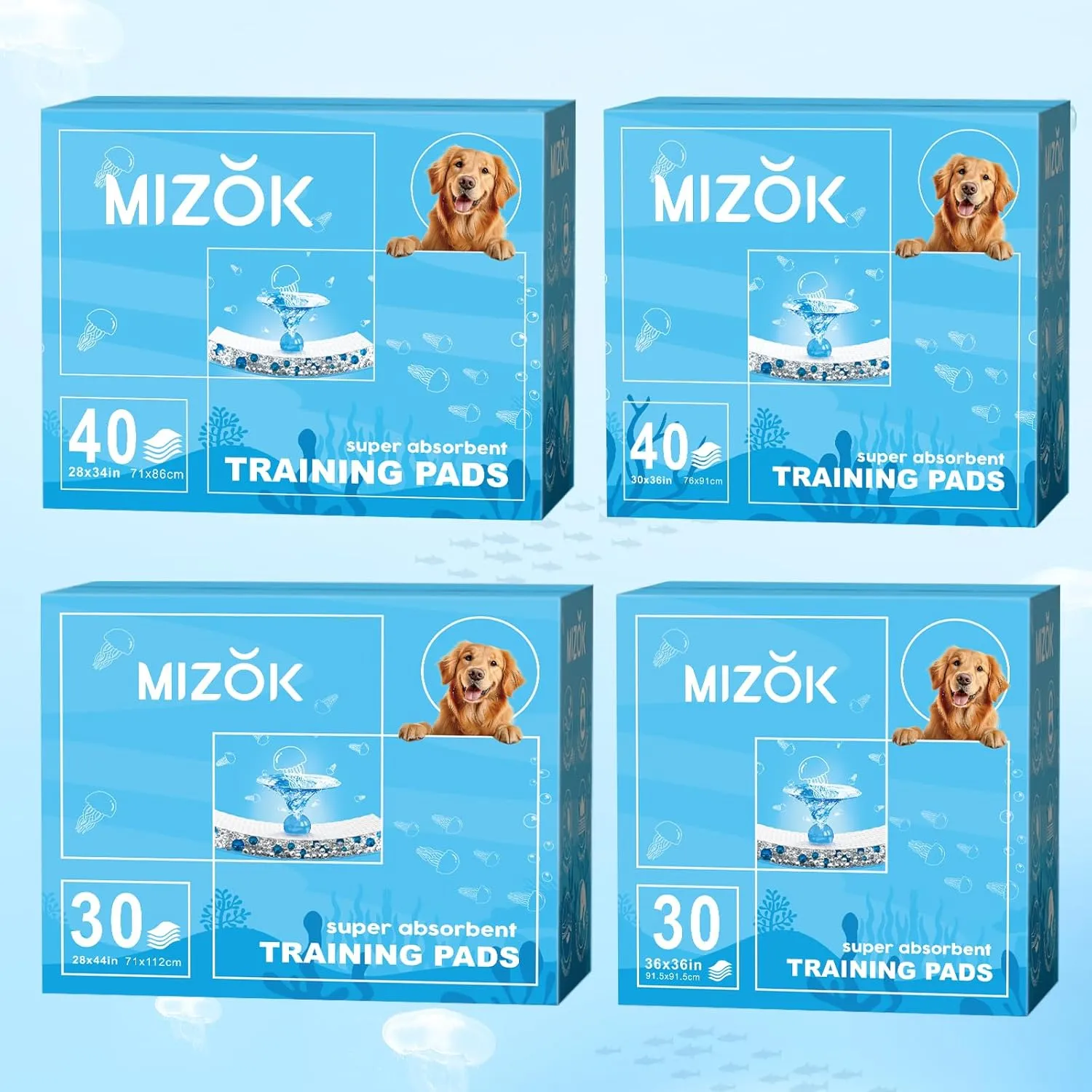 MIZOK Puppy Pads 28x34in Dog Pads Large, Dog Pee Pads Super Absorbent with 6-Layer Leak-Proof and Quick-Dry Surface, Pee Pads for Dogs Scented with Jellyfish Pattern(40 Counts)