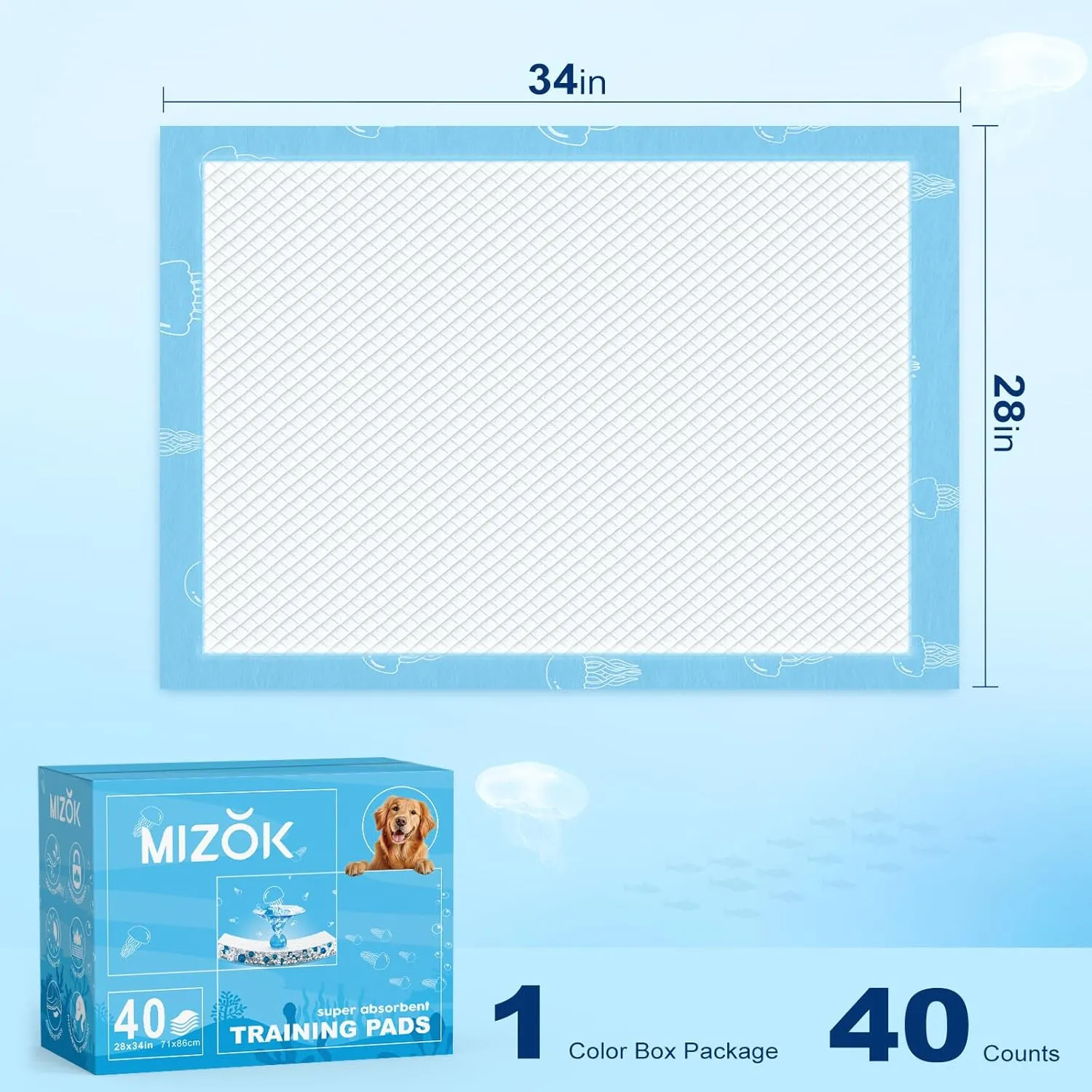 MIZOK Puppy Pads 28x34in Dog Pads Large, Dog Pee Pads Super Absorbent with 6-Layer Leak-Proof and Quick-Dry Surface, Pee Pads for Dogs Scented with Jellyfish Pattern(40 Counts)