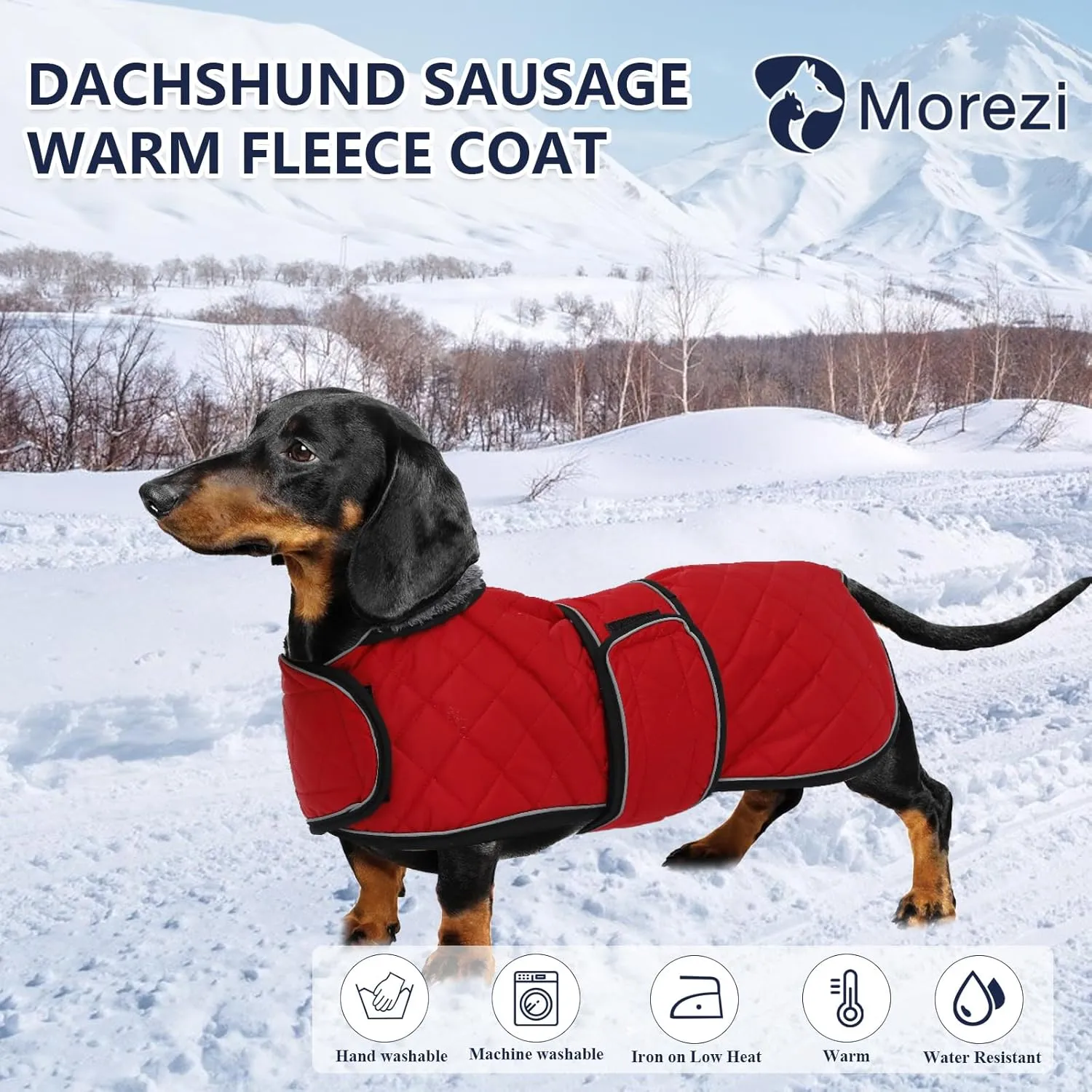 Morezi Dog Coat, Medium, Red, Water Resistant, Padded Fleece Lining, Adjustable Straps - Dachshund