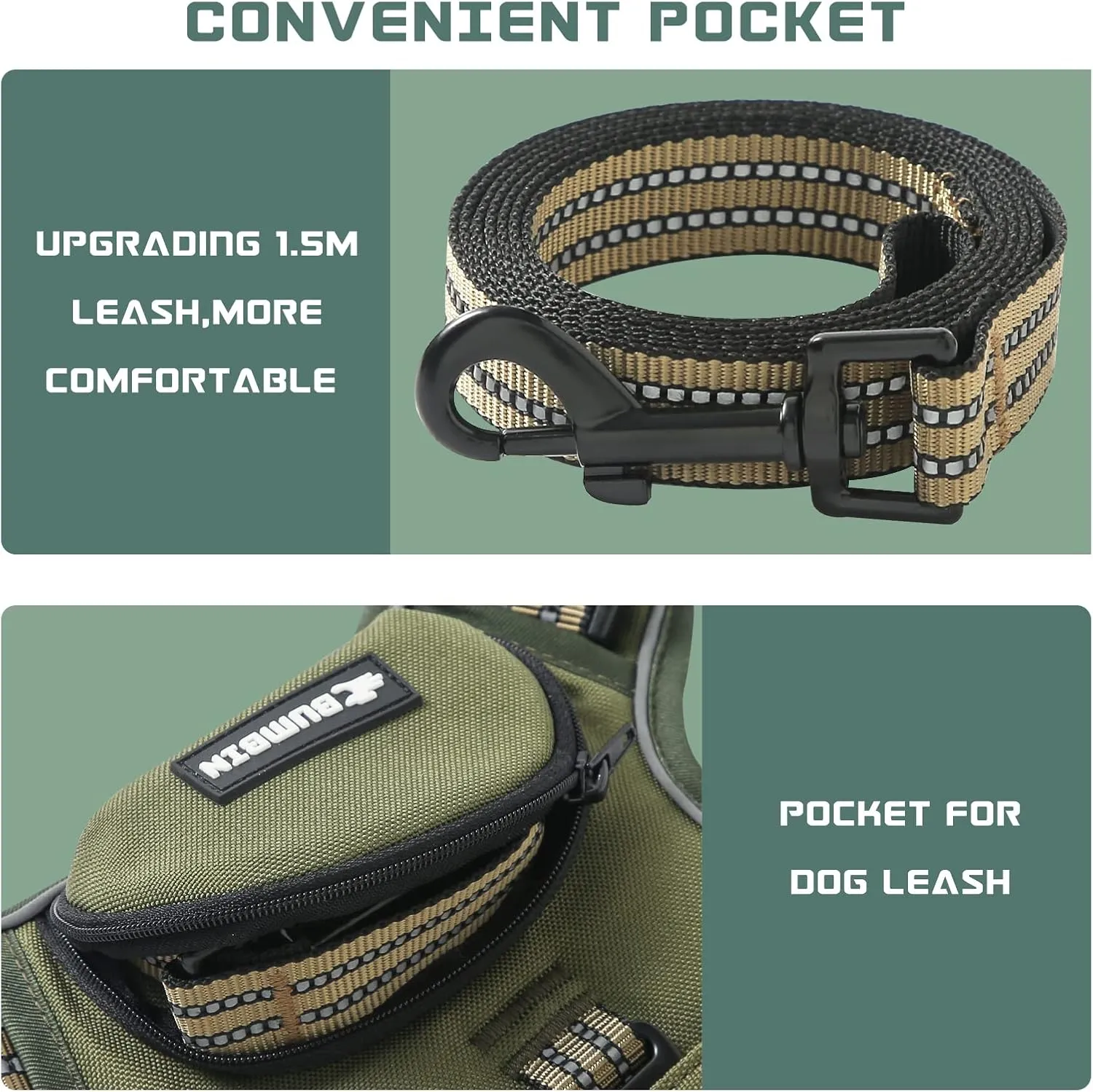 No Pull Dog Harness for Medium Dogs, Adjustable No Choke Pet Vest with Dog Leash Fit Smart Reflective Pet Walking Harness for Training Easy Control Soft Handle Green M