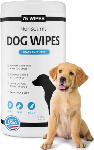 NonScents Dog Grooming Wipes - 75 Deodorizing & Cleaning Dog Wipes - Pet Wipes for Dogs - Fragrance-Free Doggy Wipes for Paws, Butt, Body - Unscented Dog Wipes for Quick Baths