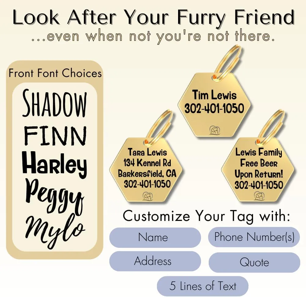 PawFurEver Hexagon Gold Stainless Steel Pet ID Tag - Personalized Cat & Dog Tags Engraved Front & Back - Dark Etching Made in USA