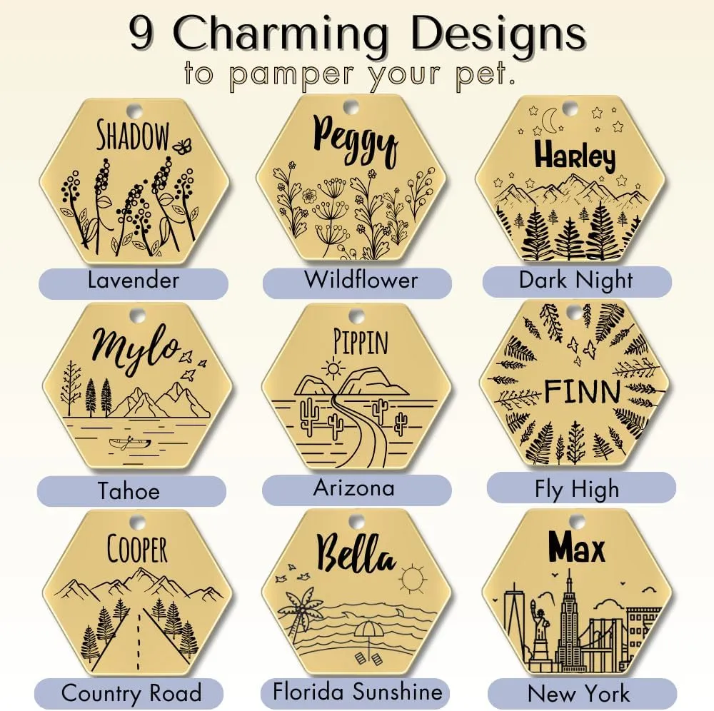 PawFurEver Hexagon Gold Stainless Steel Pet ID Tag - Personalized Cat & Dog Tags Engraved Front & Back - Dark Etching Made in USA