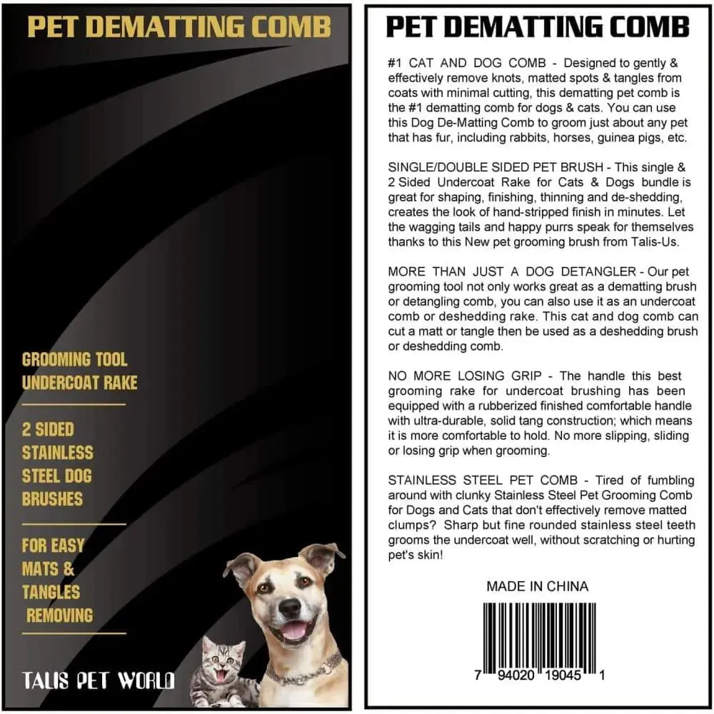 Pet Dematting Comb Grooming Tool Undercoat Rake - 2 Sided Stainless