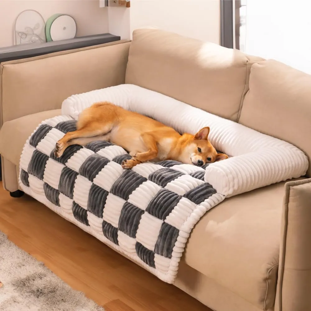 Pet Mat, Funny Pet Couch Covers for Sofa, Dog Couch Cover Fuzzy Sofa Cover Cream Square Plaid Cozy Dog (Gray-Blue, 47.24x37.4x6.3 in)