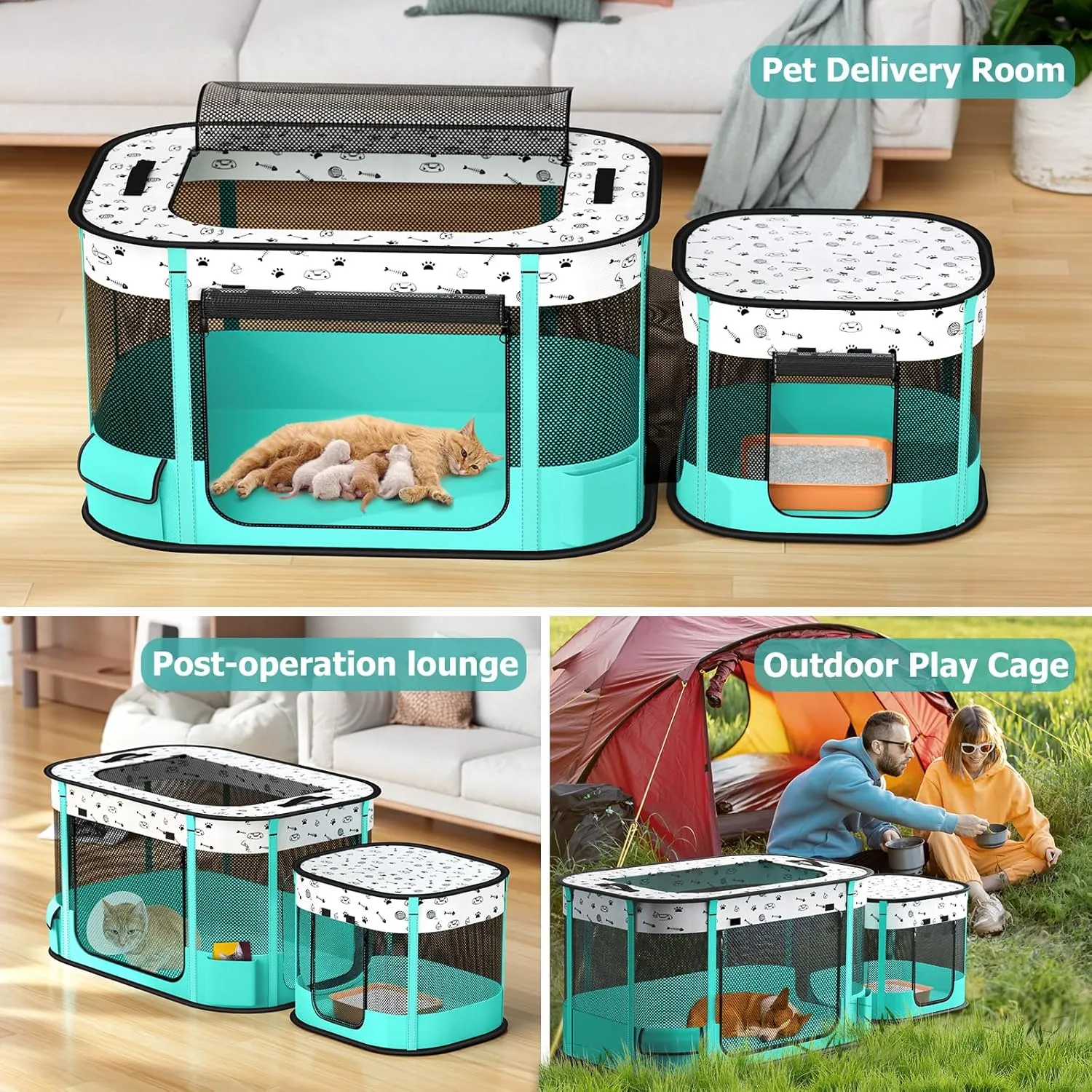 Portable Cat Playpen, Foldable Pet Dog Playpen with Pet Pee Pad, for Kitten Puppy Play Pen Indoor/Outdoor, Cats Enclosure Cages Tent with Carrying Case, 600D Oxford 8-Rods, 32"x24"x22"
