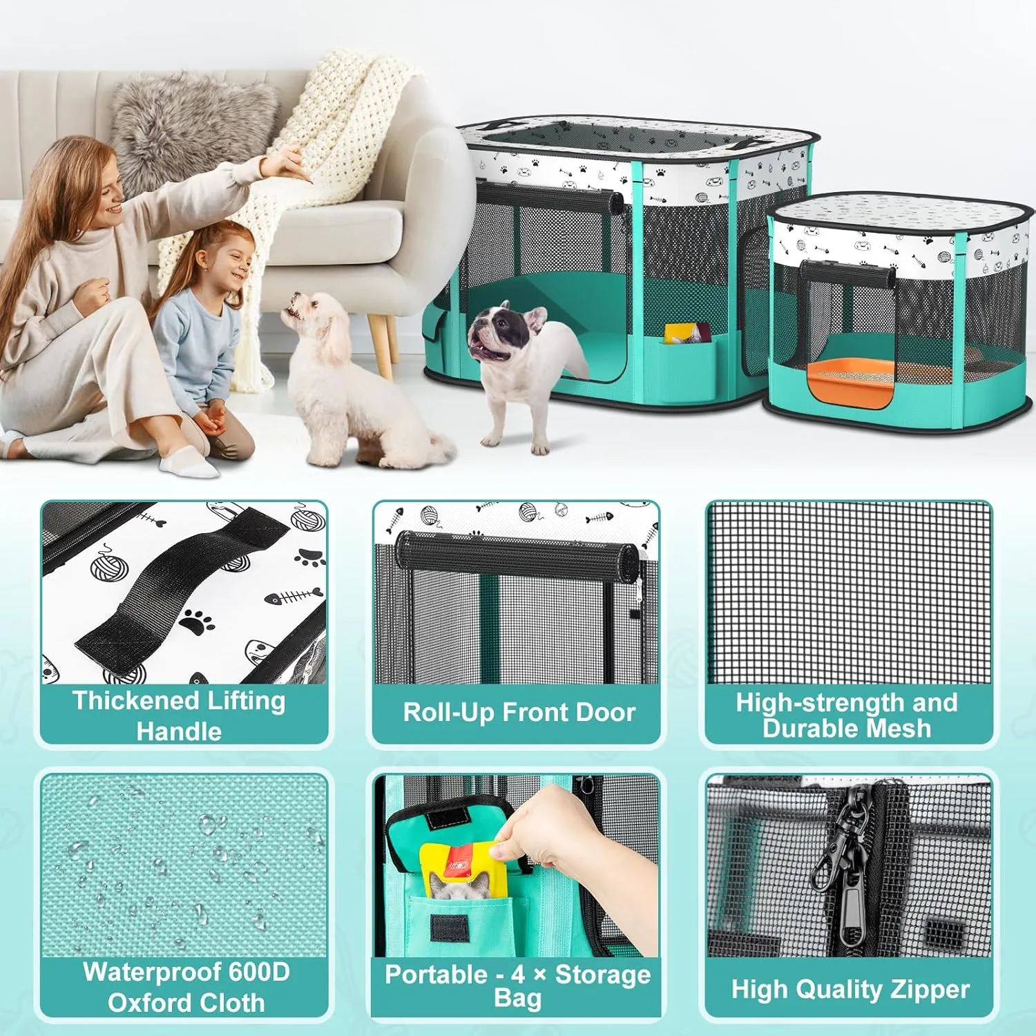 Portable Cat Playpen, Foldable Pet Dog Playpen with Pet Pee Pad, for Kitten Puppy Play Pen Indoor/Outdoor, Cats Enclosure Cages Tent with Carrying Case, 600D Oxford 8-Rods, 32"x24"x22"