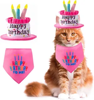 Puppy and Cat Happy Birthday Cake Hat & Bandana Scarfs Set with Colorful Candles Pink for Small Animas, Cat Birthday Party Supplies Decorations