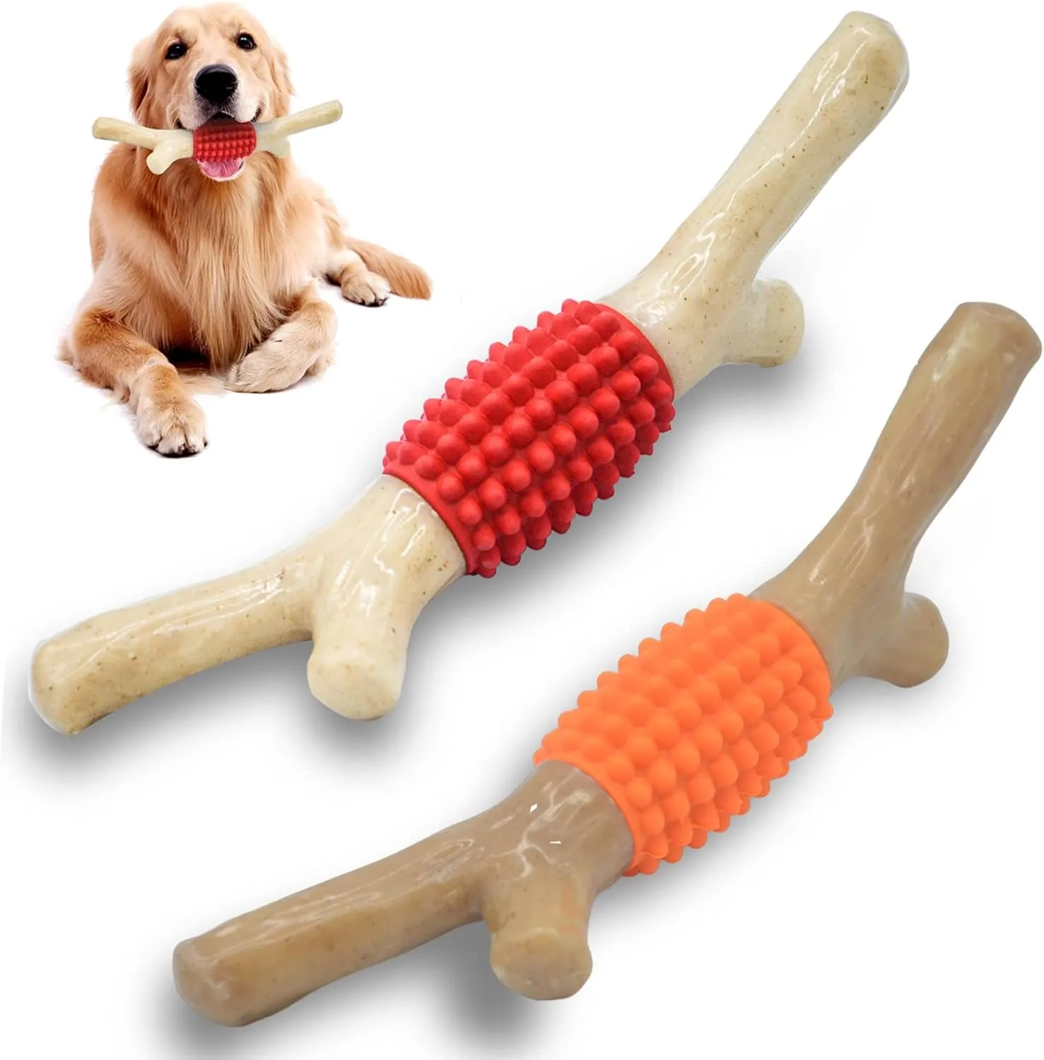 SCHITEC Dog Chew Toy for Aggressive Chewers, Tough Big Nylon & Rubber Teething Stick with Real Bacon Maple Wood Flavor for Large Medium Breed