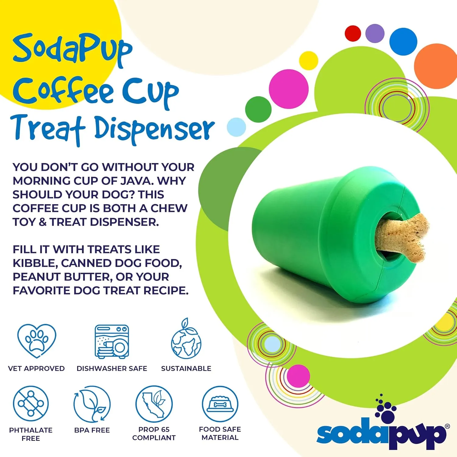SodaPup Coffee Cup  Durable Dog Treat Dispenser & Chew Toy Made in USA from Non-Toxic, Pet Safe, Food Safe Natural Rubber Material for Mental Stimulation, Problem Chewing, Calming Nerves, & More