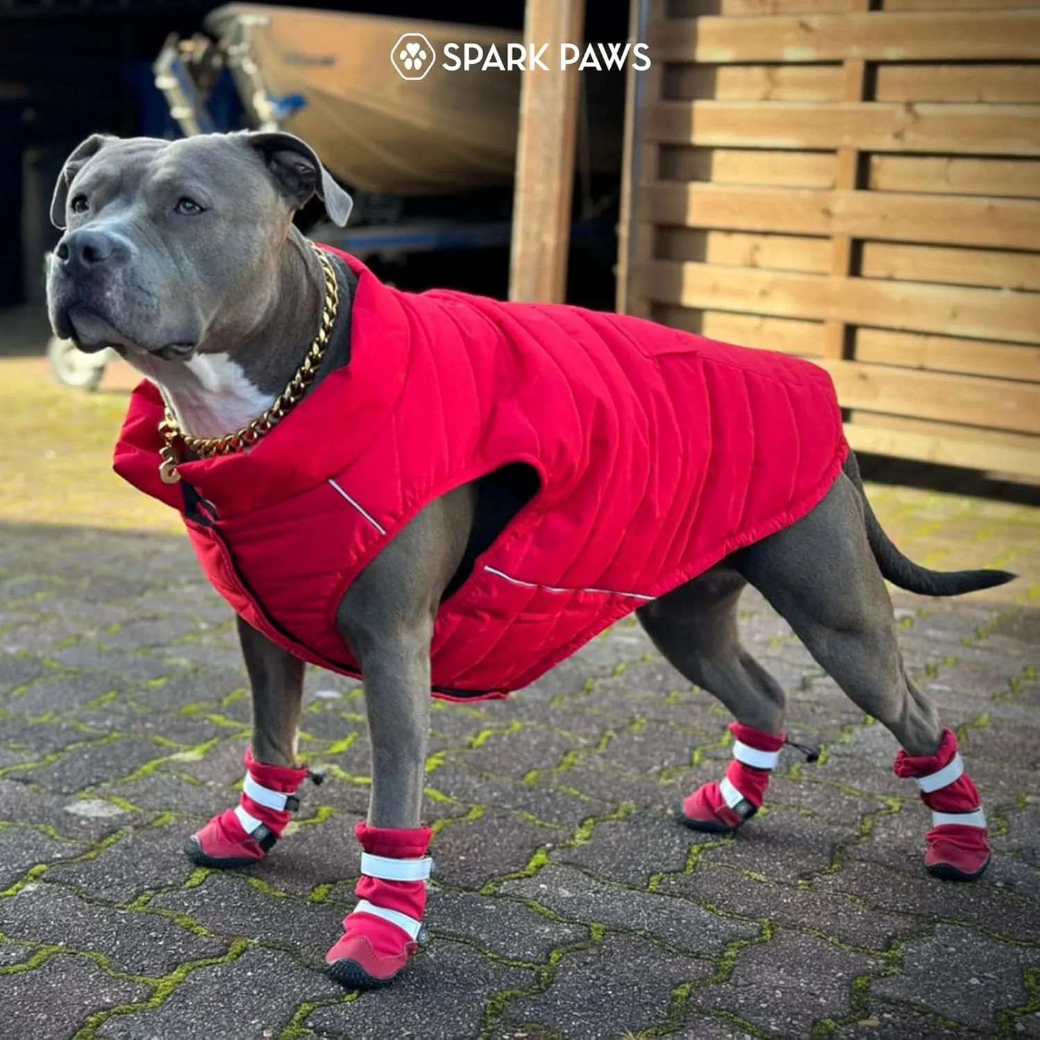 Spark Paws Water-Resistant Dog Boots for Medium Large Dogs, Anti-Slip Dog Shoe Booties Paw Protector for Rain Snow Hiking Reflective Straps 4PCS - Red, C