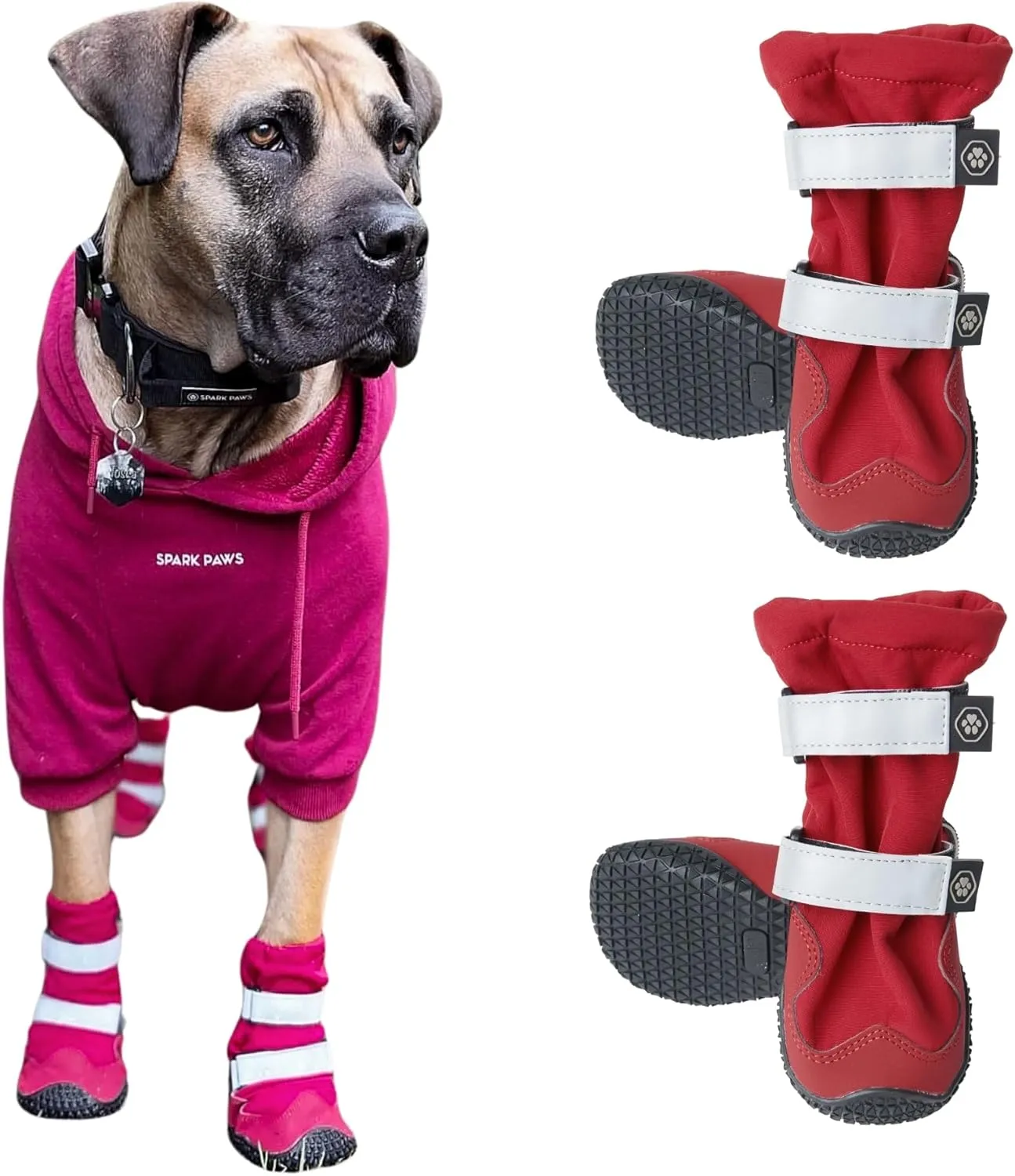 Spark Paws Water-Resistant Dog Boots for Medium Large Dogs, Anti-Slip Dog Shoe Booties Paw Protector for Rain Snow Hiking Reflective Straps 4PCS - Red, C