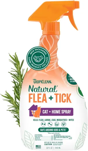 TropiClean Flea and Tick Treatment Spray for Cats & Home, Safely Treat, Prevent & Control by Contact, Powerful & Natural Defense, USA Made, 32oz