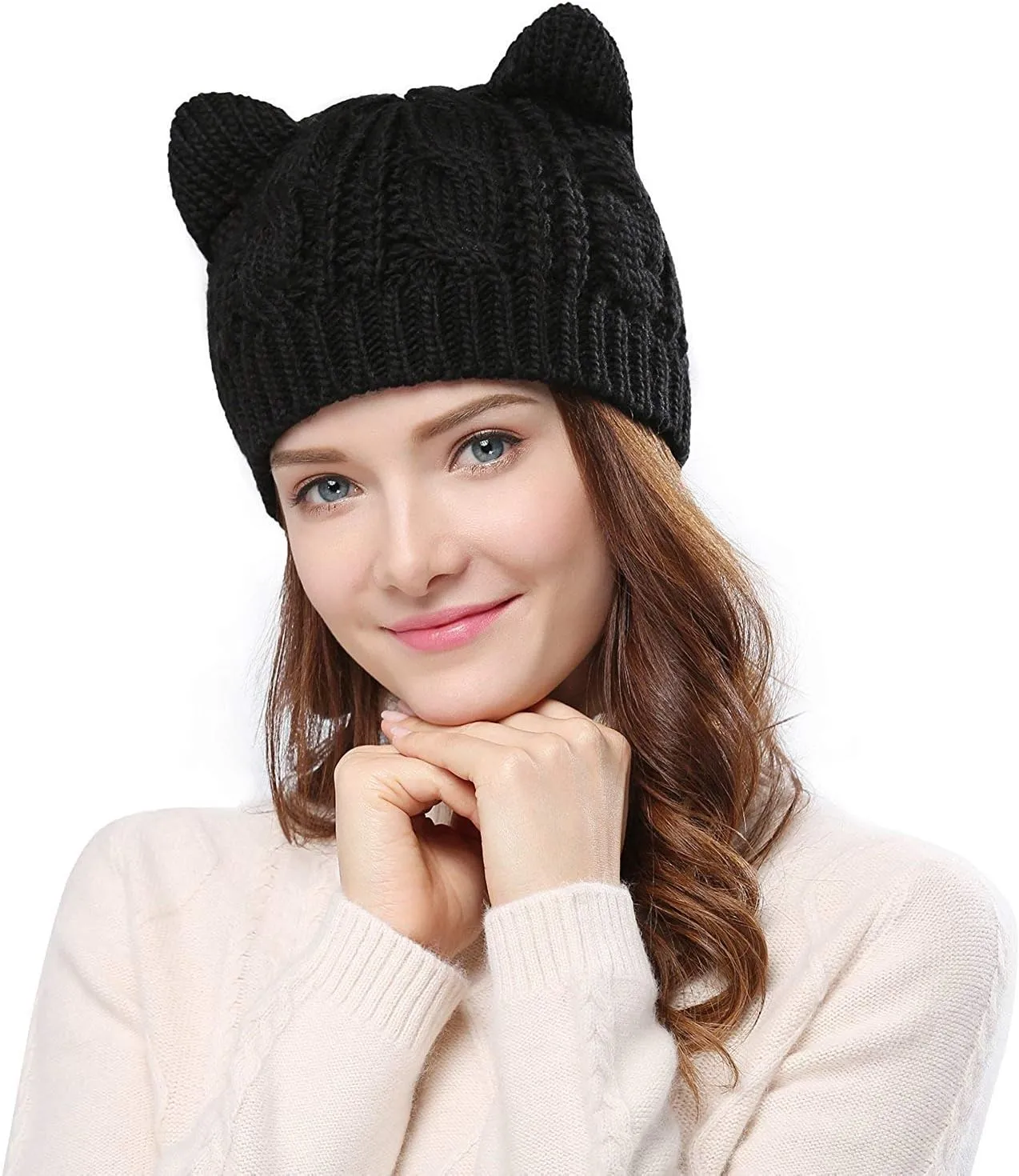 umbresen Cute Woollike Knitted CAT Kitty Ears Women Lady Girl Headgear Crochet Christmas Hats