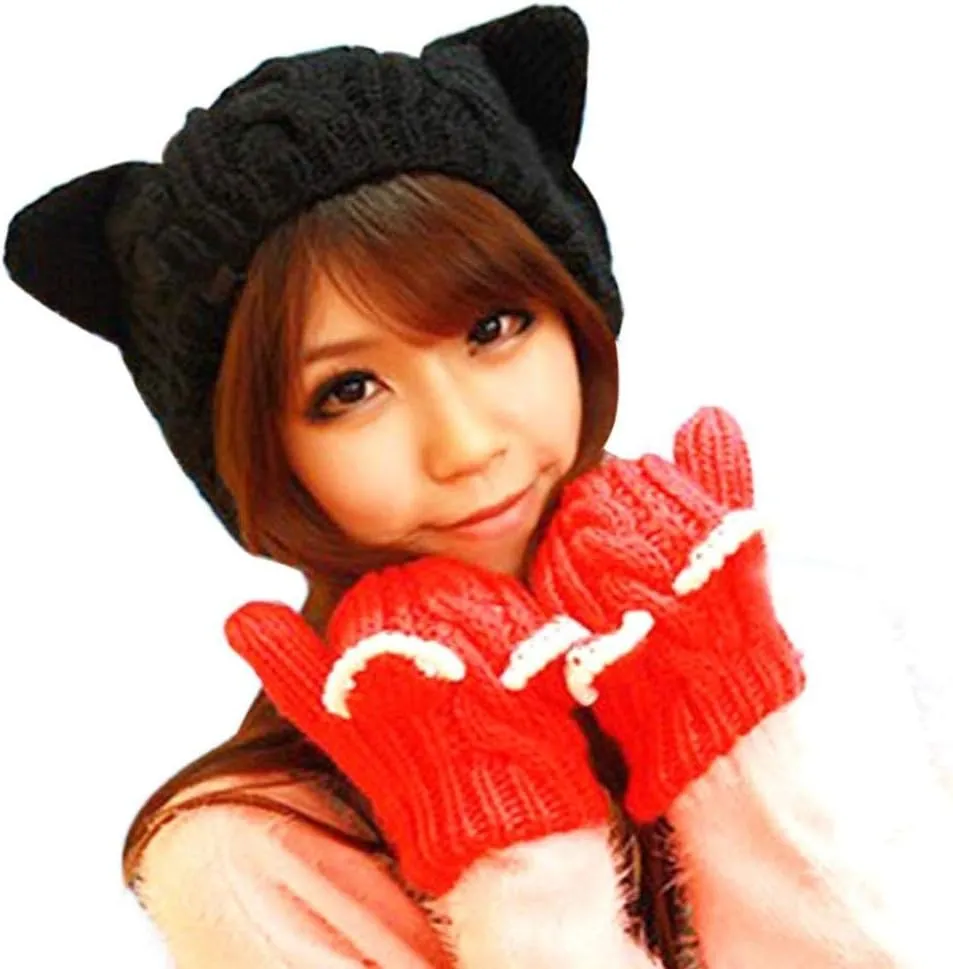 umbresen Cute Woollike Knitted CAT Kitty Ears Women Lady Girl Headgear Crochet Christmas Hats