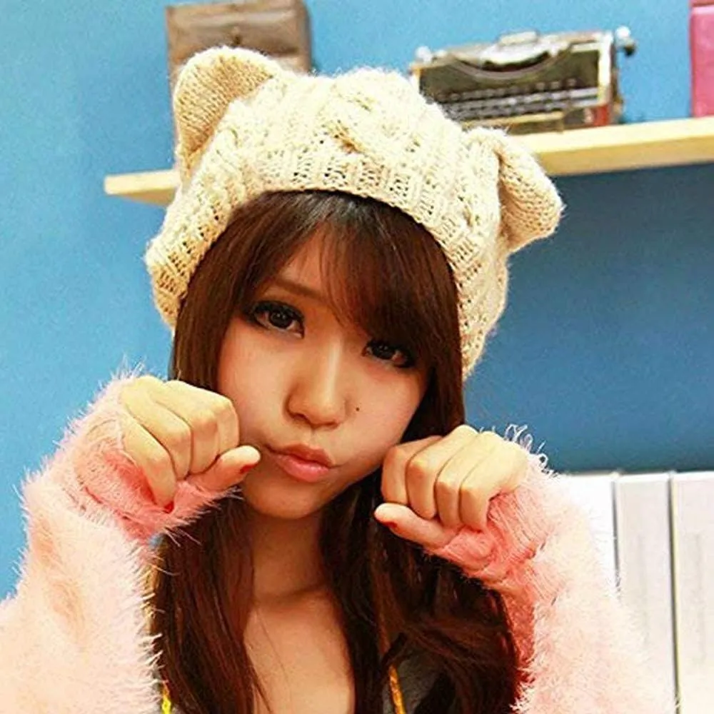 umbresen Cute Woollike Knitted CAT Kitty Ears Women Lady Girl Headgear Crochet Christmas Hats