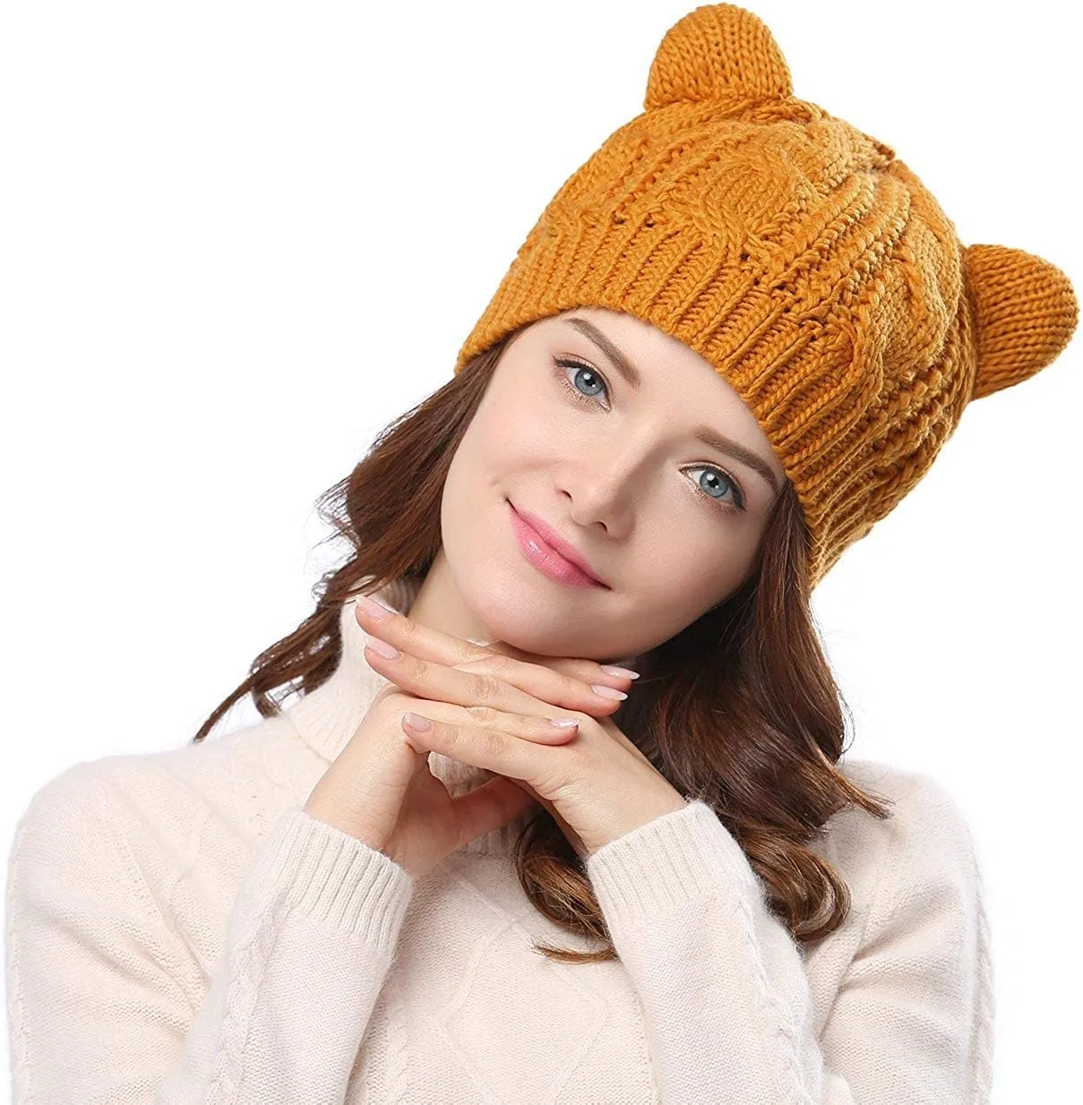 umbresen Cute Woollike Knitted CAT Kitty Ears Women Lady Girl Headgear Crochet Christmas Hats