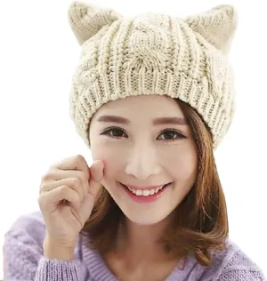 umbresen Cute Woollike Knitted CAT Kitty Ears Women Lady Girl Headgear Crochet Christmas Hats