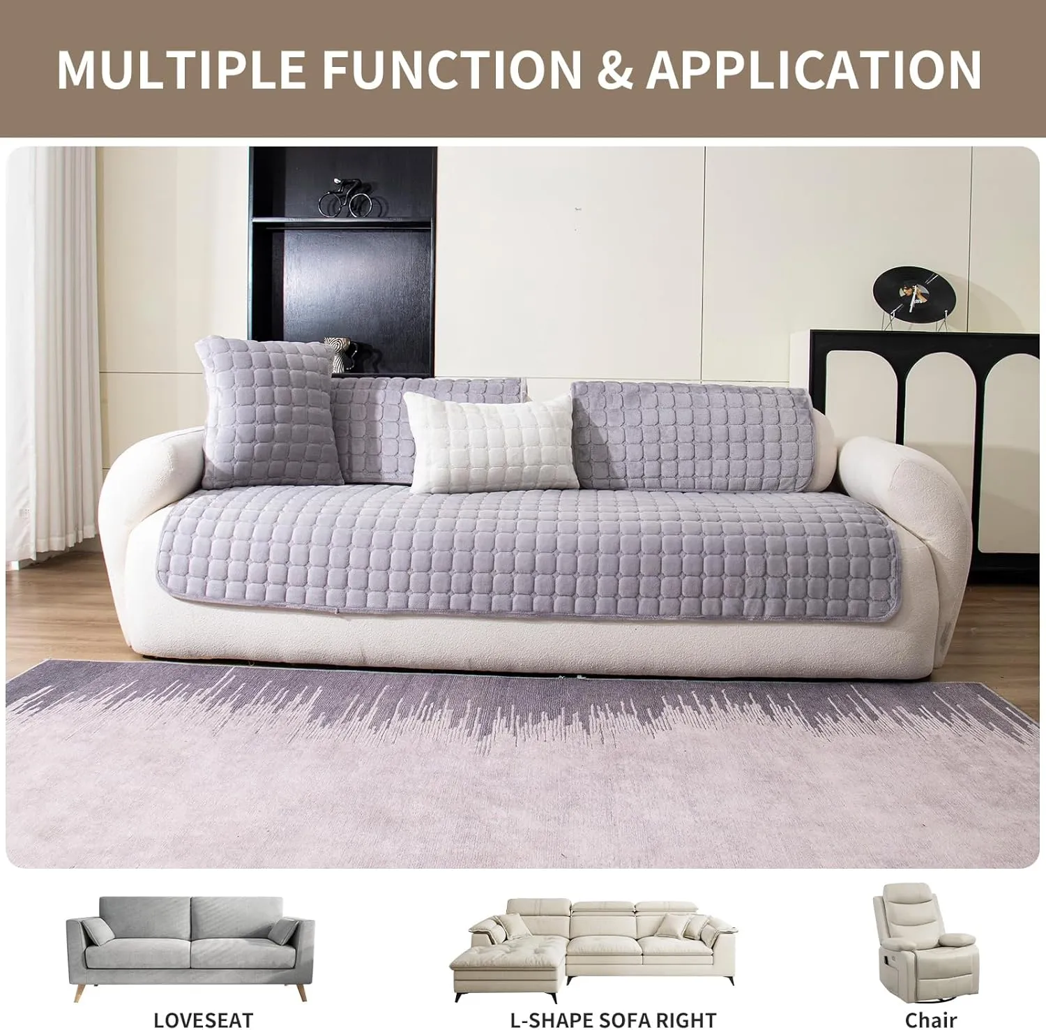 Velvet Couch Cover, Washable Sectional Sofa Cover, Anti Slip Sofa Slipcovers for 3 Cushion Couch Sofa L Shaped Recliner, Furniture Protector Covers for Pets Kids(Light Grey, Only 1 PCS)