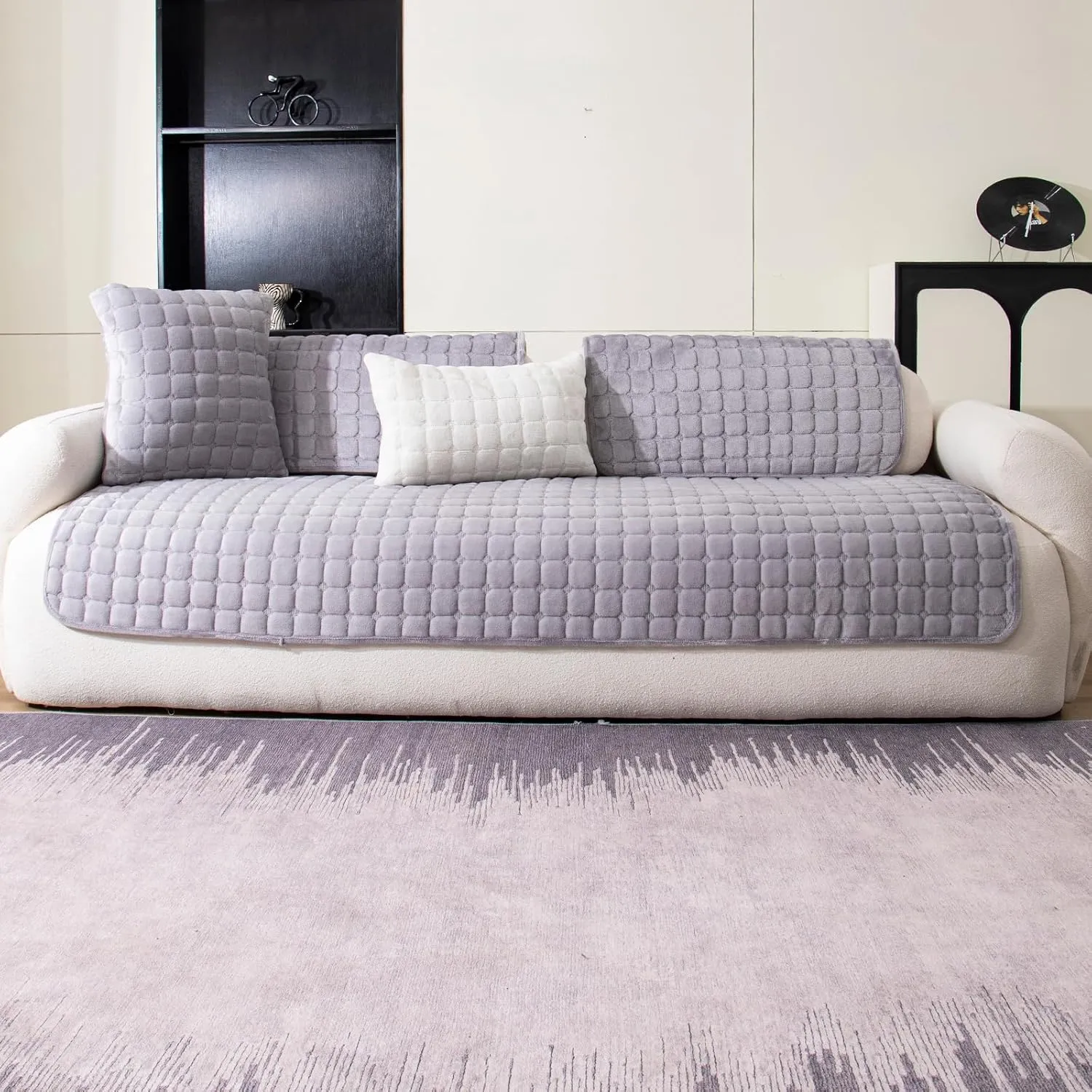 Velvet Couch Cover, Washable Sectional Sofa Cover, Anti Slip Sofa Slipcovers for 3 Cushion Couch Sofa L Shaped Recliner, Furniture Protector Covers for Pets Kids(Light Grey, Only 1 PCS)