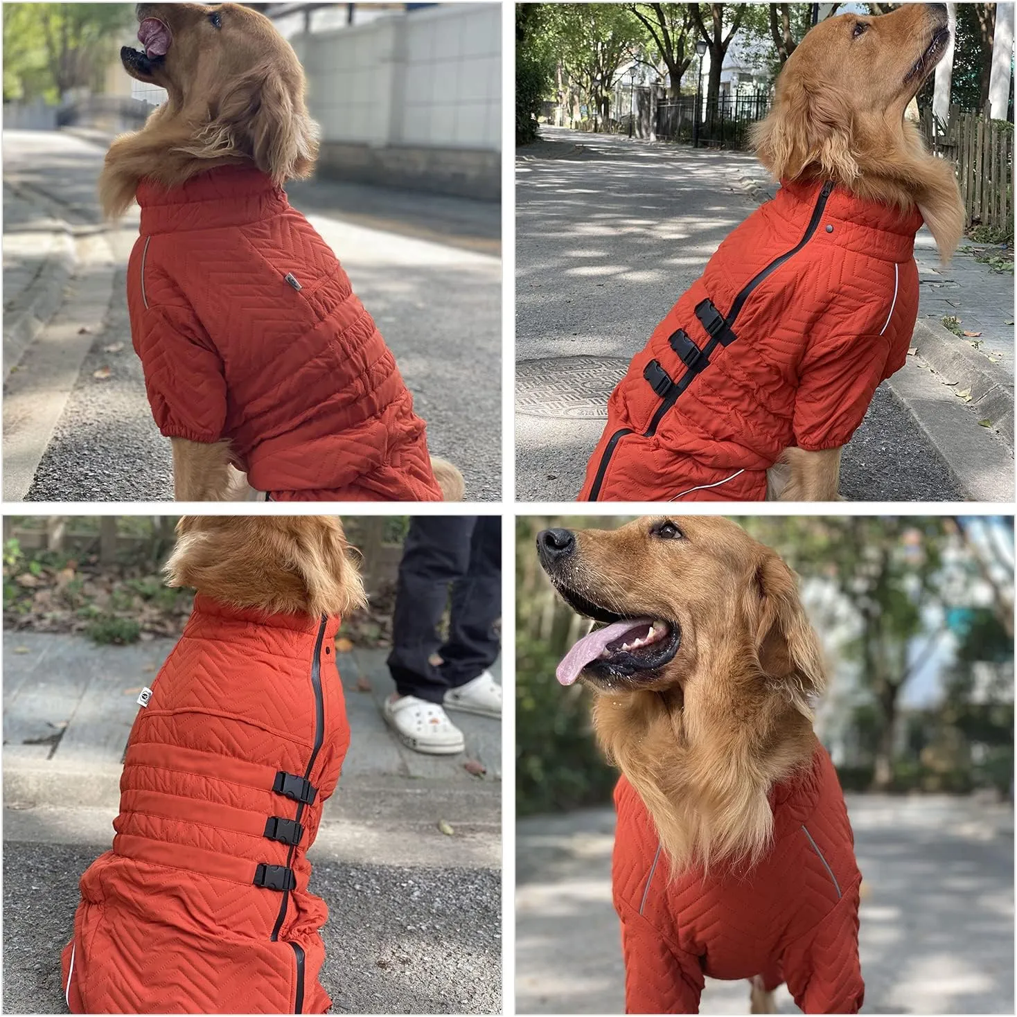 Warm Dog Coat Double Layers Dog Vest, 4 Legs Covered Windproof Waterproof Reflective, Orange M