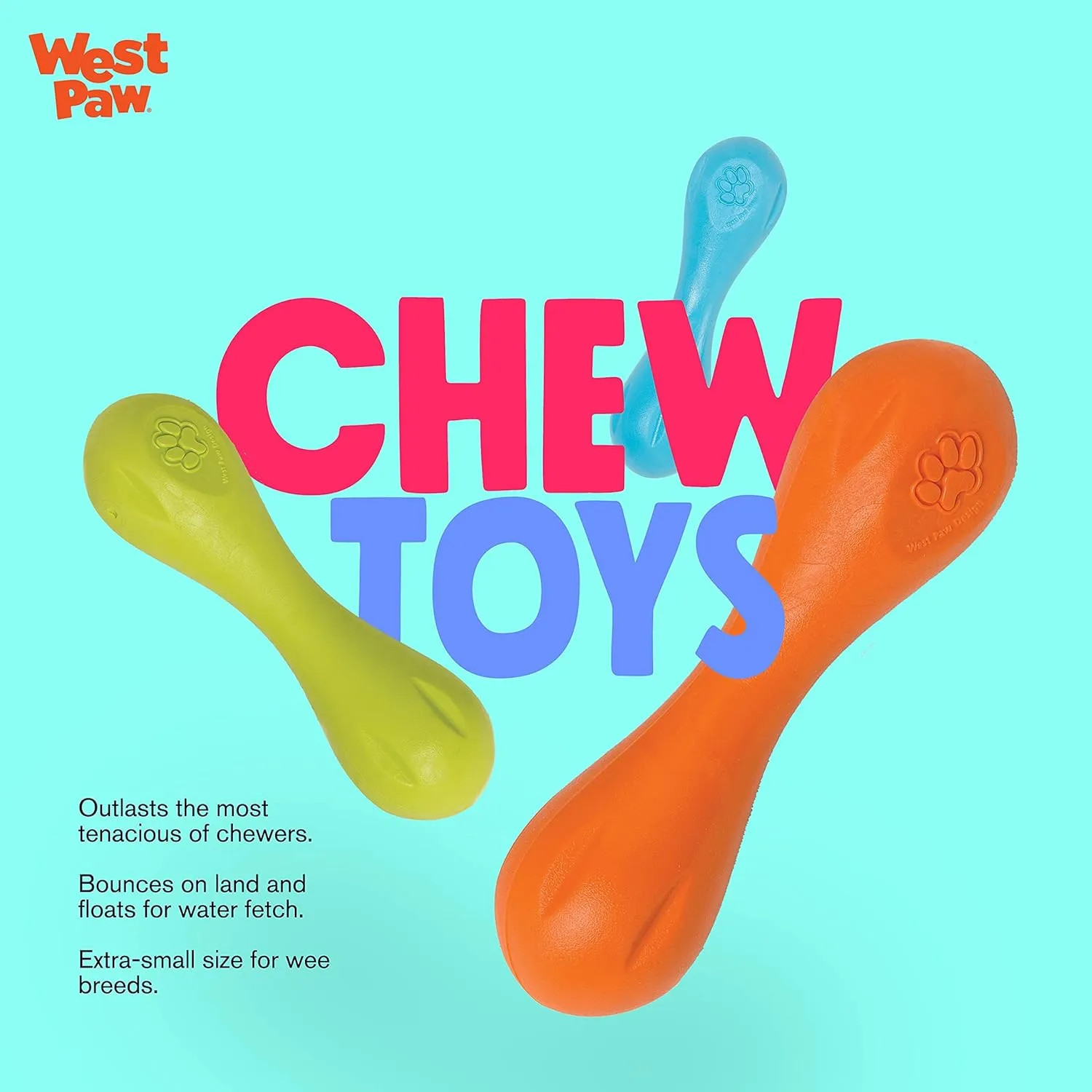 WEST PAW Zogoflex Hurley Dog Bone Chew Toy  Floatable Pet Toys for Aggressive Chewers, Catch, Fetch  Bright-Colored Bones for Dogs  Recyclable, Dishwasher-Safe, Non-Toxic, Small, Aqua
