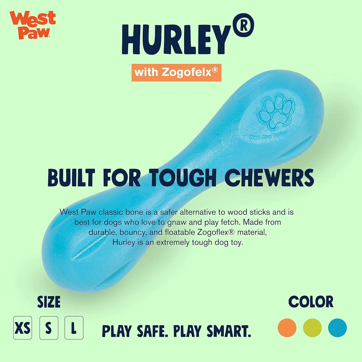 WEST PAW Zogoflex Hurley Dog Bone Chew Toy  Floatable Pet Toys for Aggressive Chewers, Catch, Fetch  Bright-Colored Bones for Dogs  Recyclable, Dishwasher-Safe, Non-Toxic, Small, Aqua