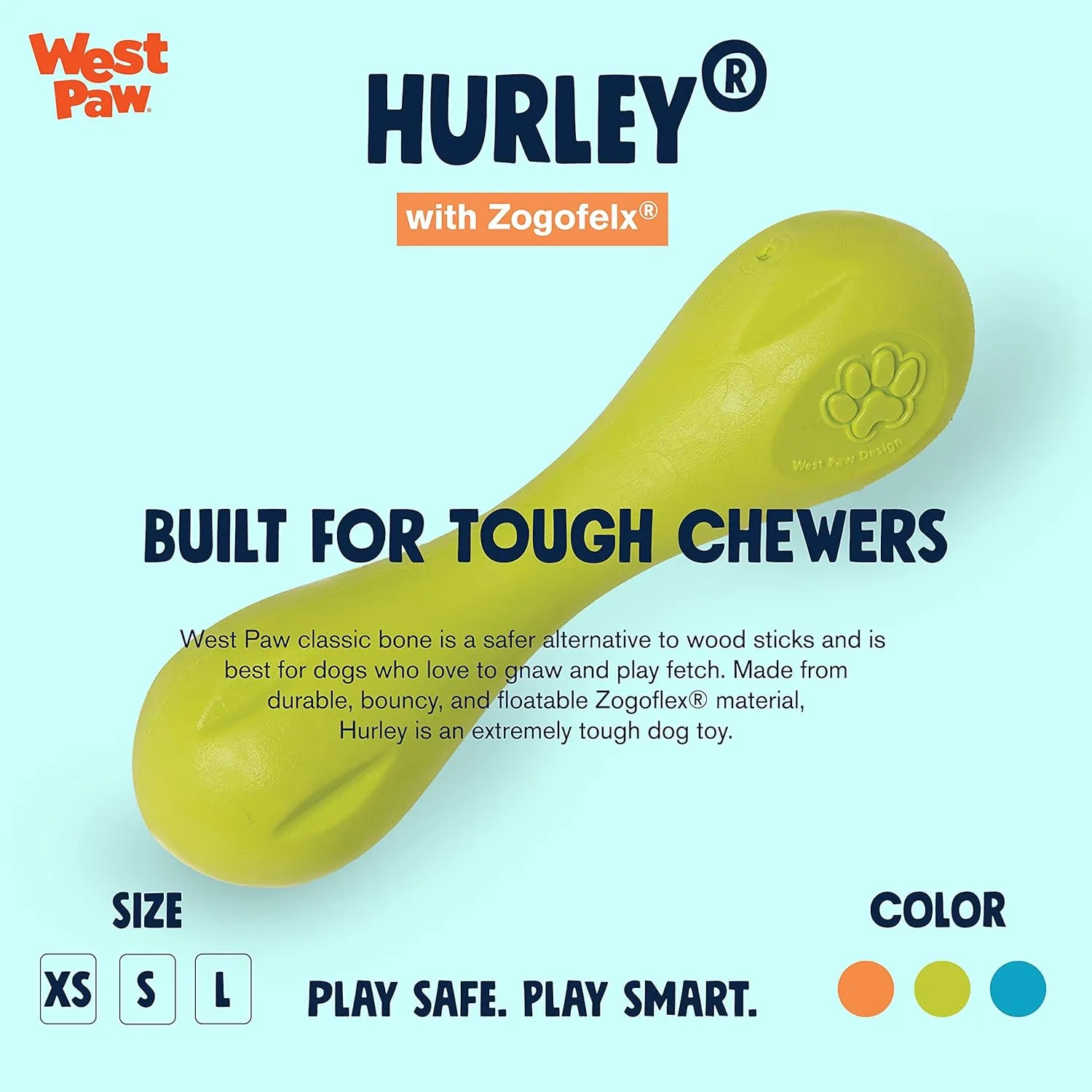 WEST PAW Zogoflex Hurley Dog Bone Chew Toy  Floatable Pet Toys for Aggressive Chewers, Catch, Fetch  Bright-Colored Bones for Dogs  Recyclable, Dishwasher-Safe, Non-Toxic, Small, Granny Smith