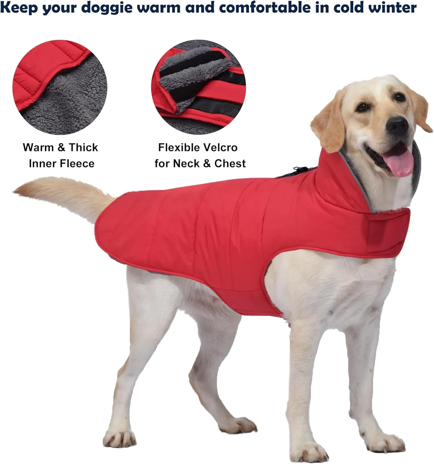 Winter Coat, Waterproof Dog Jacket with Leash Hole, Reflective Warm Snow Jacket Windproof Fleece Vest for Small to Large Dogs - Red, XS